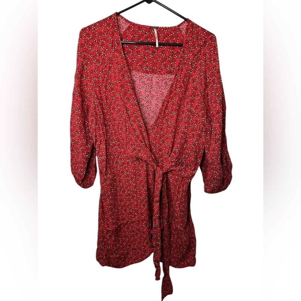 Free People Clara Floral Print Tunic Faux Wrap Red Mini Dress NWOT